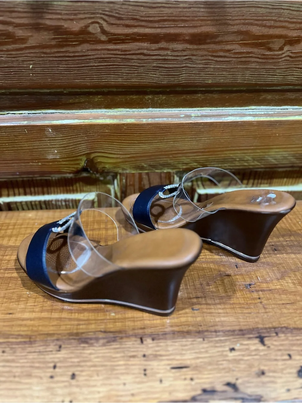 Navy & Clear Strap Wedges with Rhinestone Accent